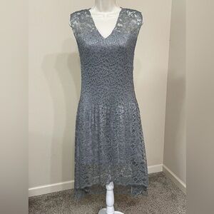 Veeca Women’s Gray V-Neck Sleeveless Lace Overlay Asymmetrical Midi Dress s L